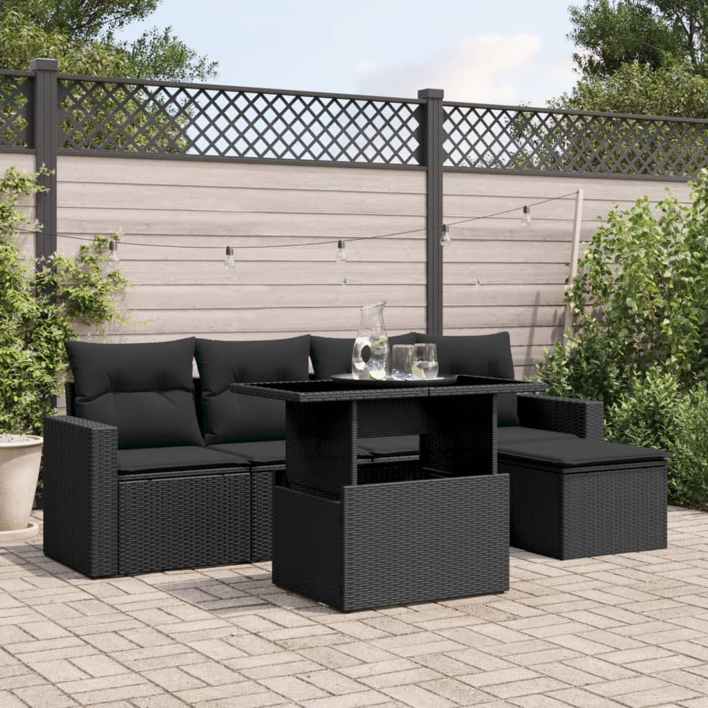 6-tlg. Garten-Sofagarnitur mit Kissen Schwarz Poly Rattan