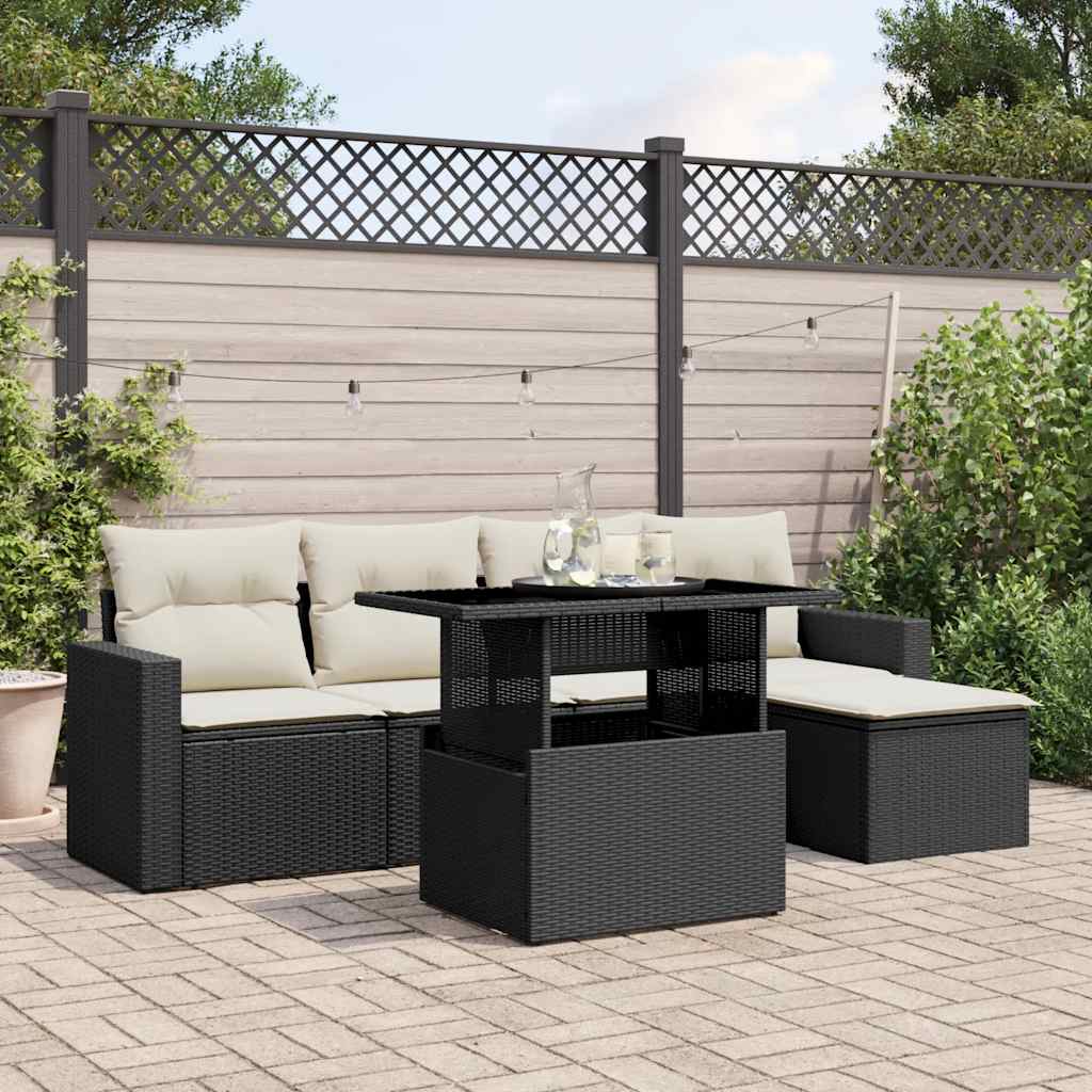 6-tlg. Garten-Sofagarnitur mit Kissen Schwarz Poly Rattan