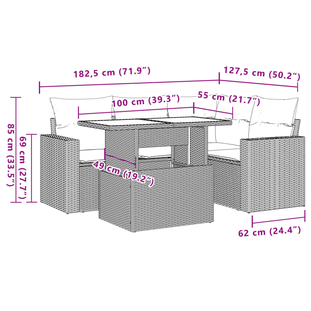 5-tlg. Garten-Sofagarnitur mit Kissen Schwarz Poly Rattan