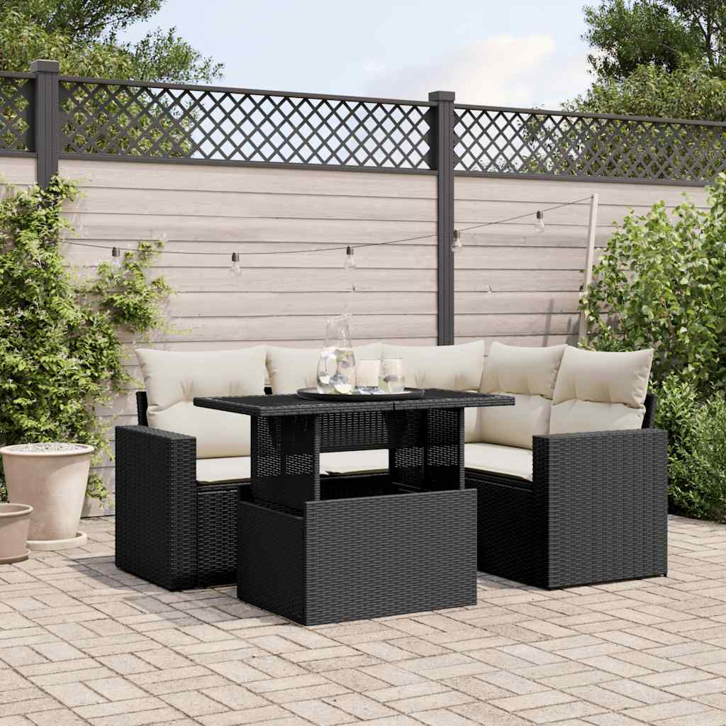 5-tlg. Garten-Sofagarnitur mit Kissen Schwarz Poly Rattan