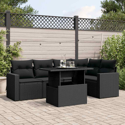 6-tlg. Garten-Sofagarnitur mit Kissen Schwarz Poly Rattan