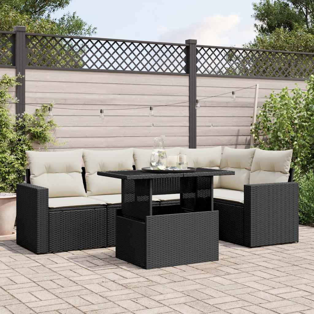 6-tlg. Garten-Sofagarnitur mit Kissen Schwarz Poly Rattan