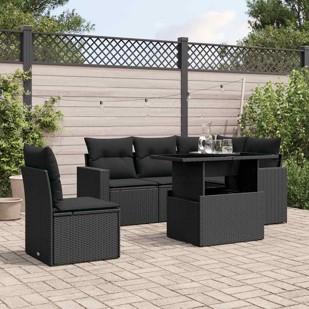 6-tlg. Garten-Sofagarnitur mit Kissen Schwarz Poly Rattan