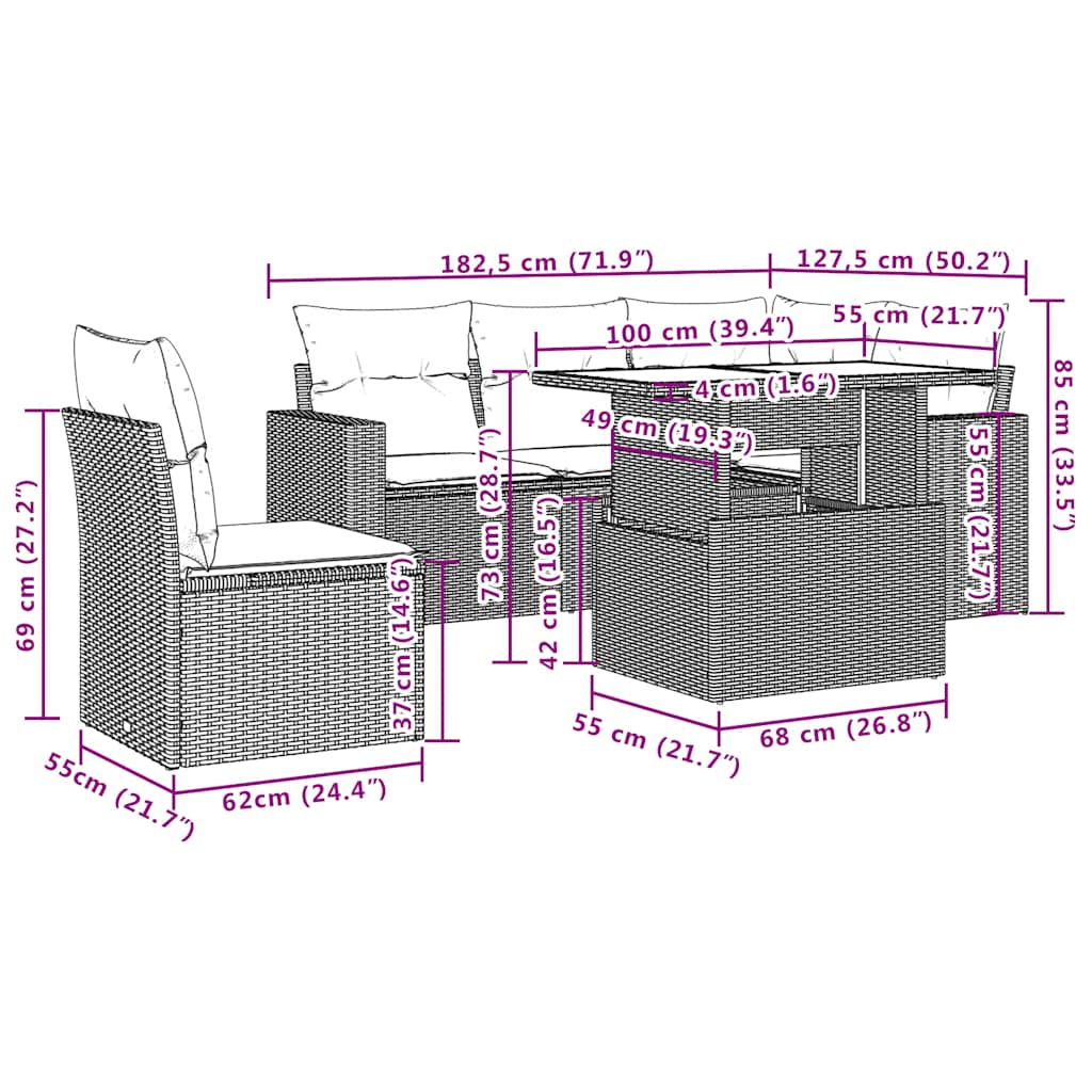 6-tlg. Garten-Sofagarnitur mit Kissen Schwarz Poly Rattan