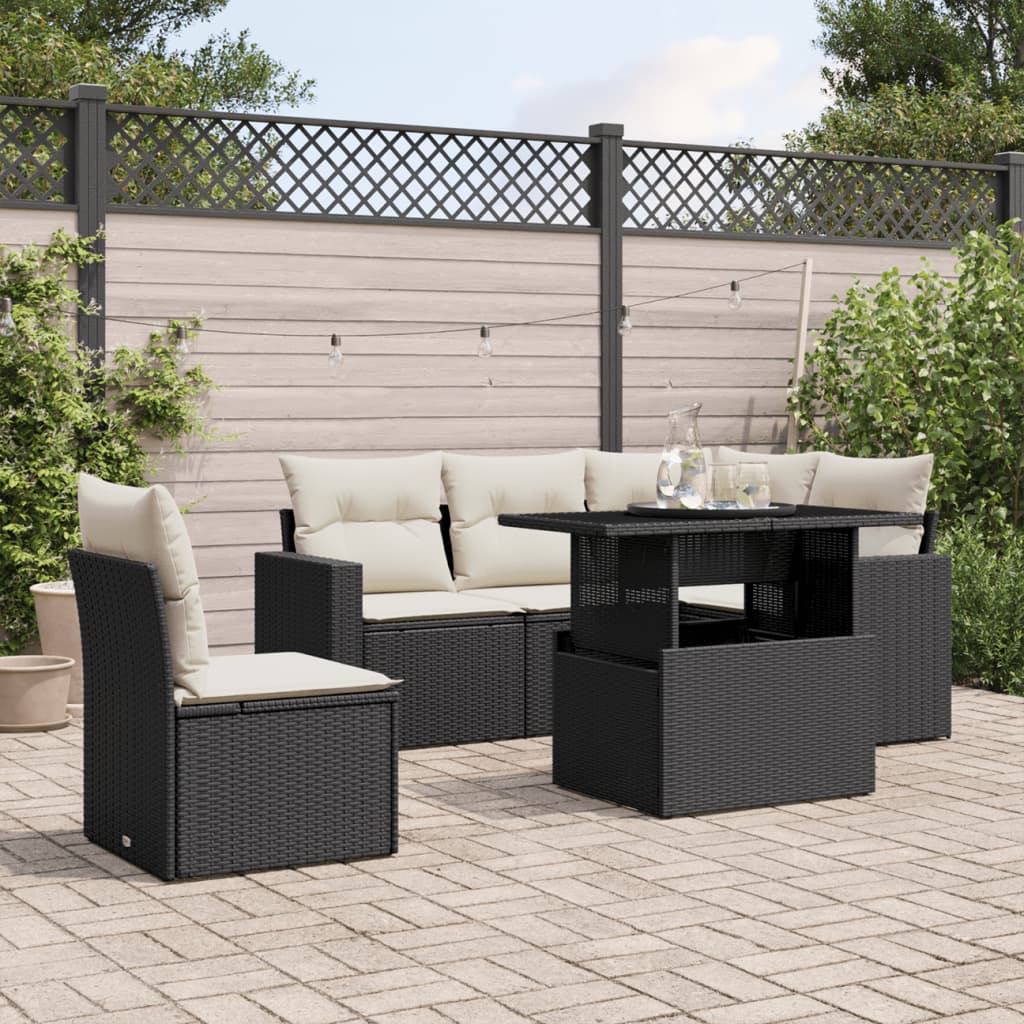 6-tlg. Garten-Sofagarnitur mit Kissen Schwarz Poly Rattan