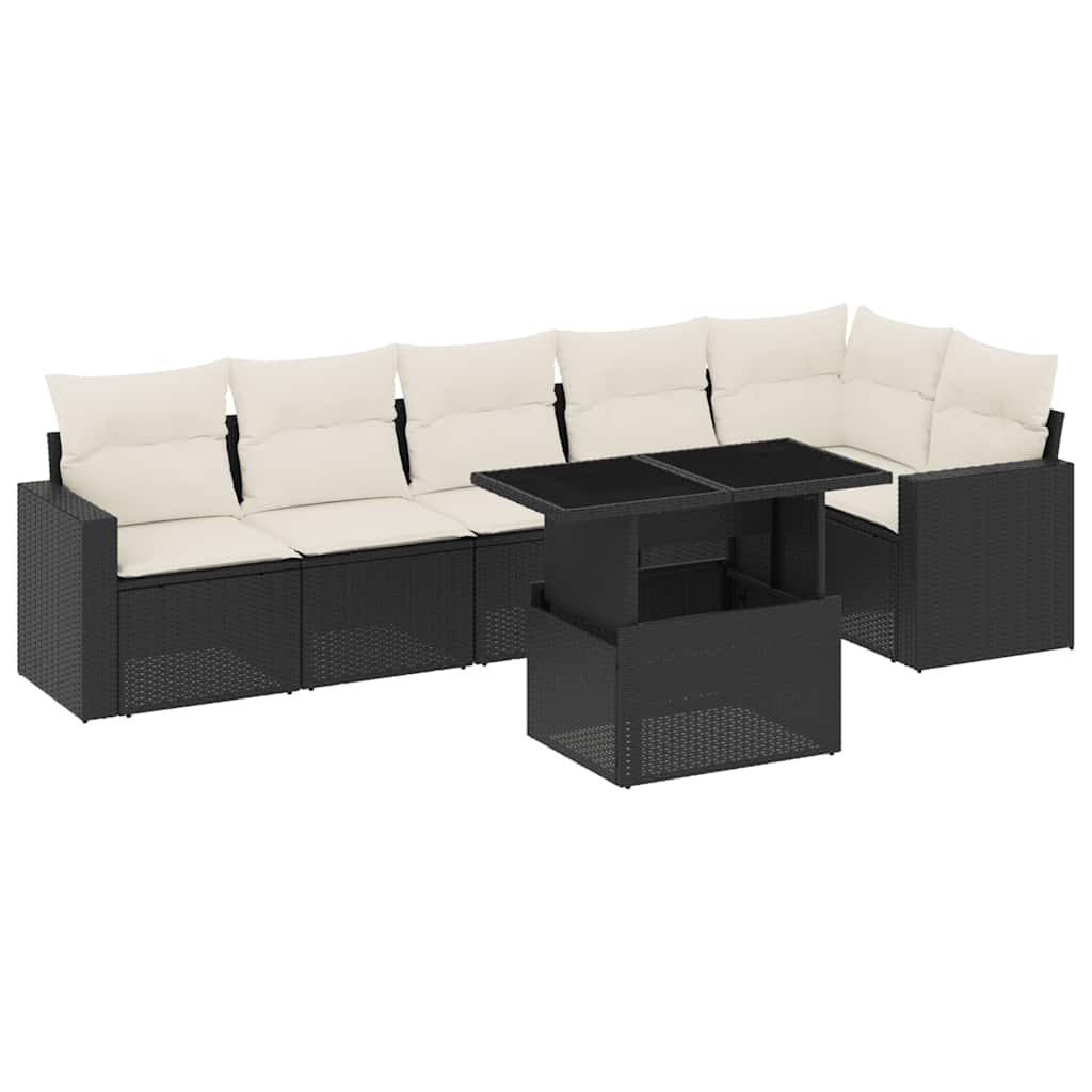 7-tlg. Garten-Sofagarnitur mit Kissen Schwarz Poly Rattan