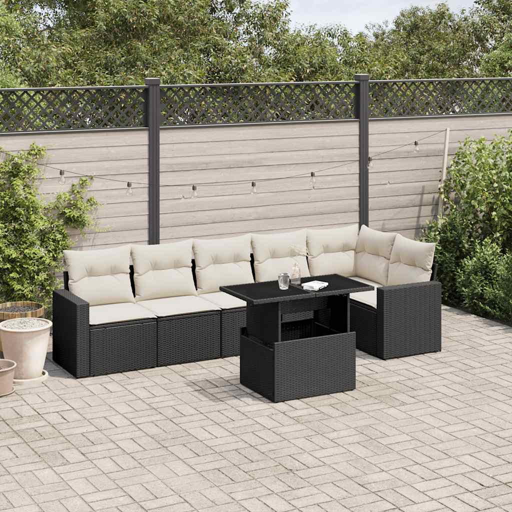 7-tlg. Garten-Sofagarnitur mit Kissen Schwarz Poly Rattan