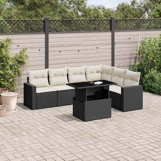 7-tlg. Garten-Sofagarnitur mit Kissen Schwarz Poly Rattan