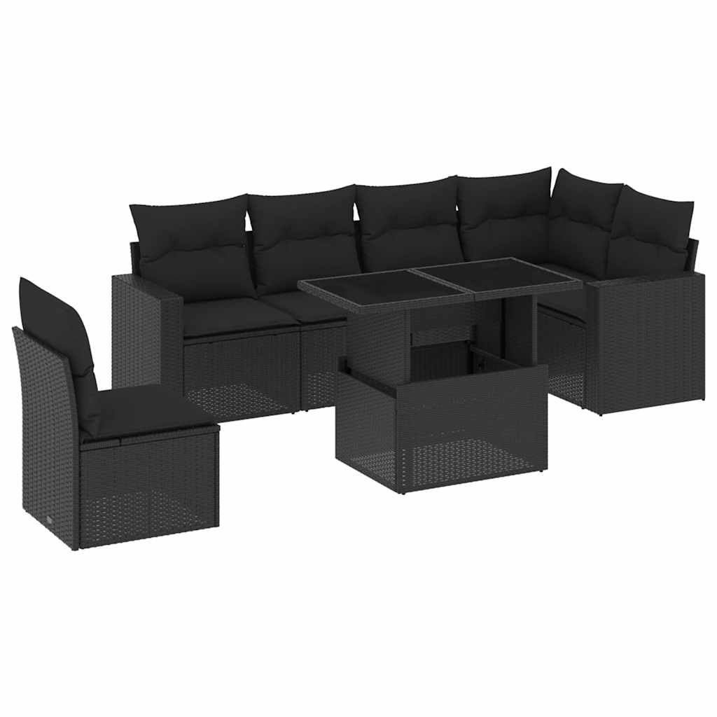 7-tlg. Garten-Sofagarnitur mit Kissen Schwarz Poly Rattan