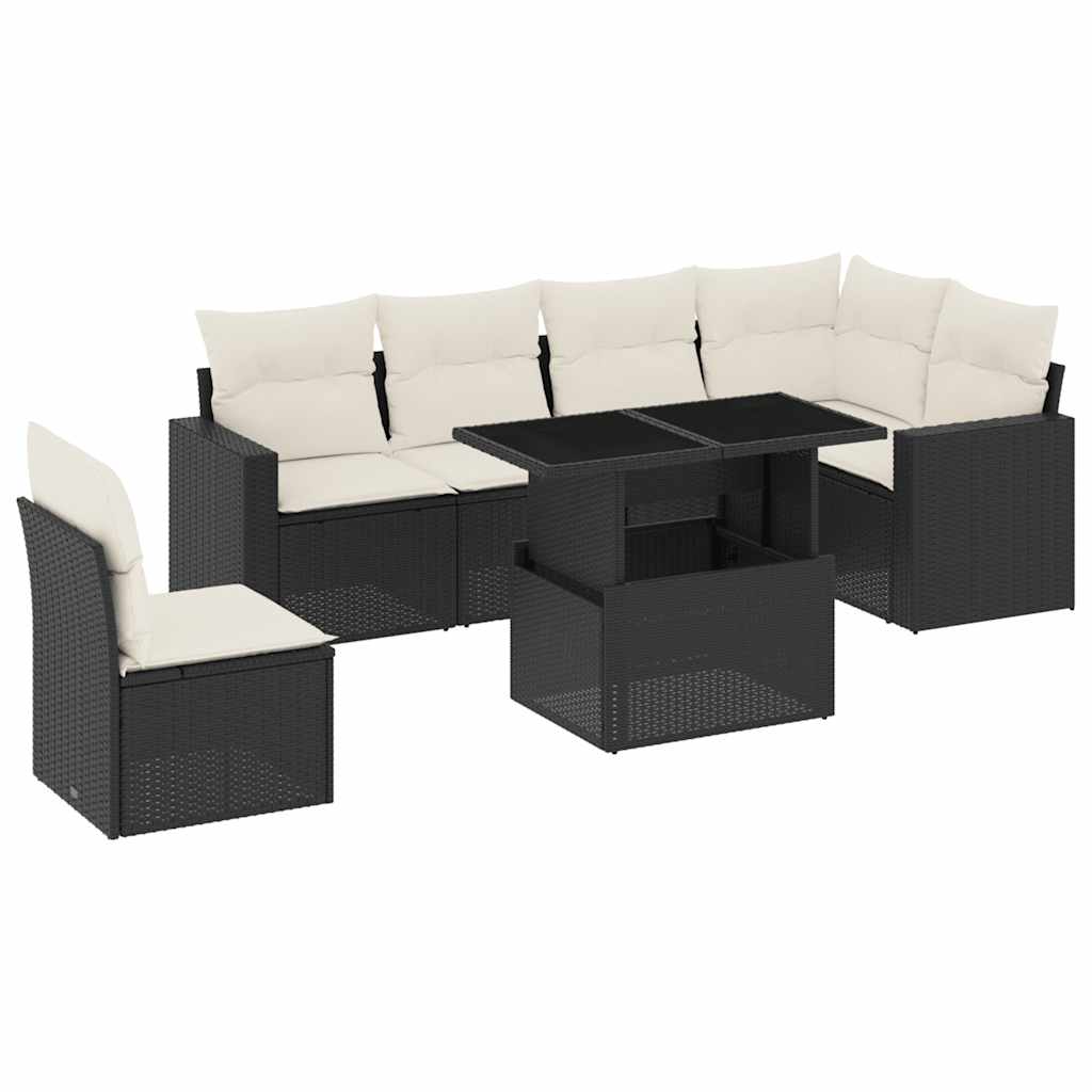 7-tlg. Garten-Sofagarnitur mit Kissen Schwarz Poly Rattan