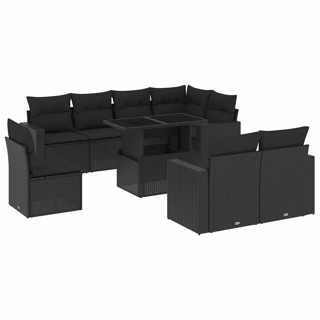 9-tlg. Garten-Sofagarnitur mit Kissen Schwarz Poly Rattan