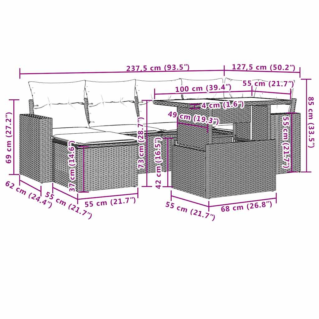 7-tlg. Garten-Sofagarnitur mit Kissen Schwarz Poly Rattan