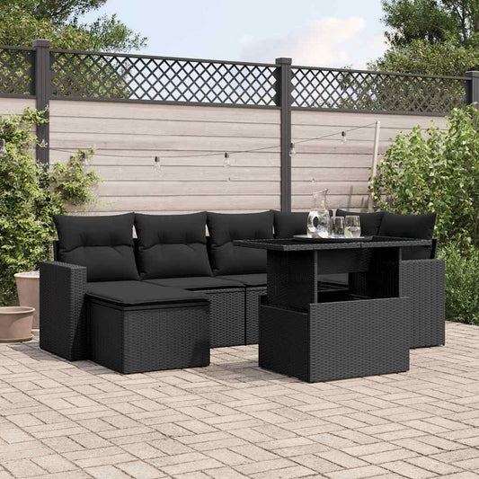 7-tlg. Garten-Sofagarnitur mit Kissen Schwarz Poly Rattan