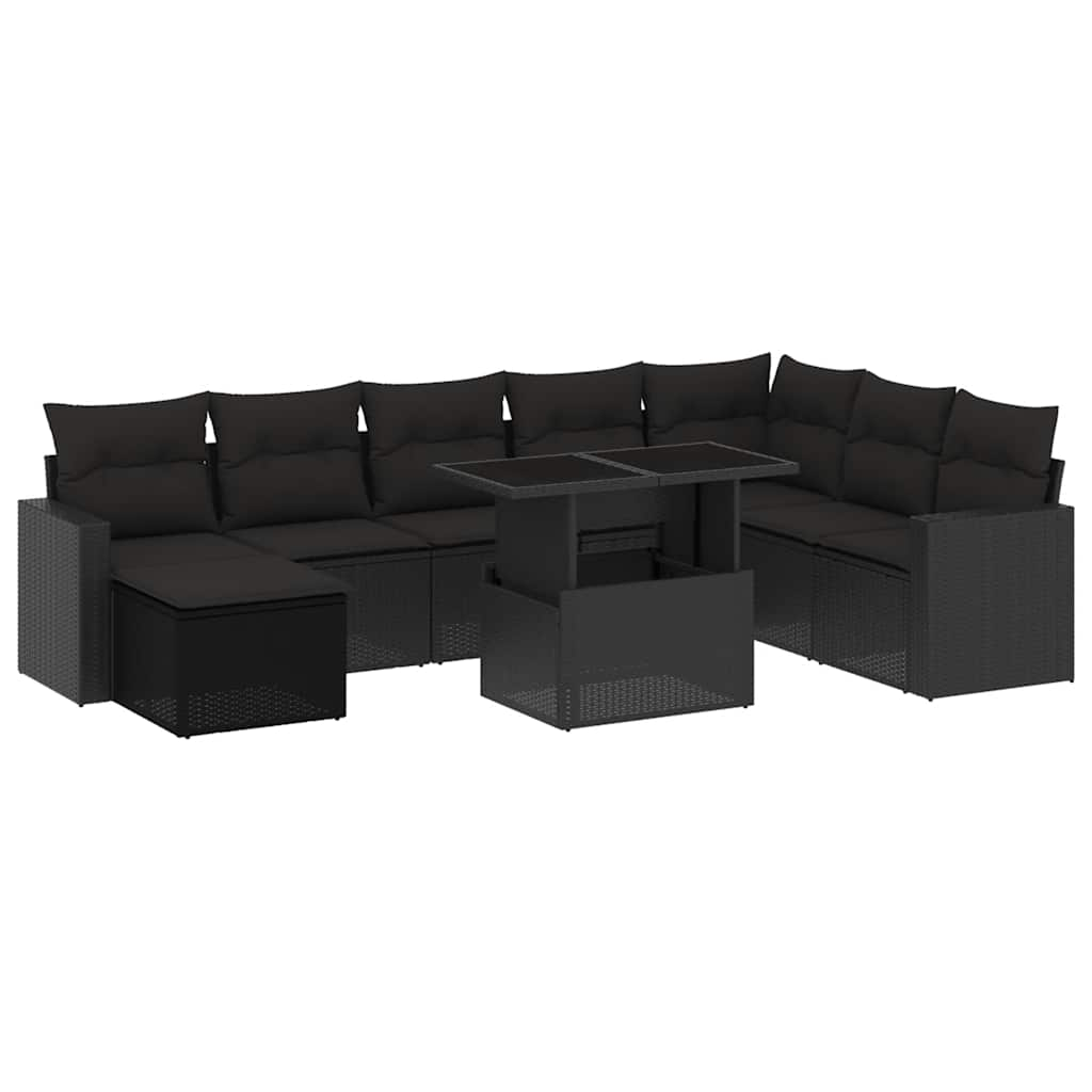 9-tlg. Garten-Sofagarnitur mit Kissen Schwarz Poly Rattan