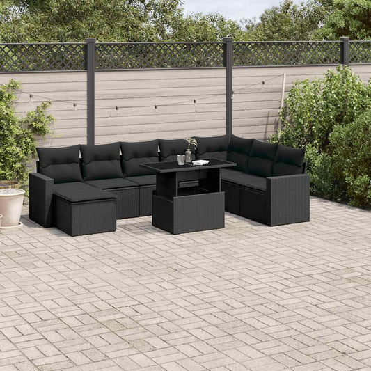 9-tlg. Garten-Sofagarnitur mit Kissen Schwarz Poly Rattan