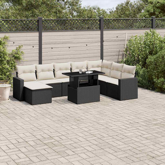 9-tlg. Garten-Sofagarnitur mit Kissen Schwarz Poly Rattan