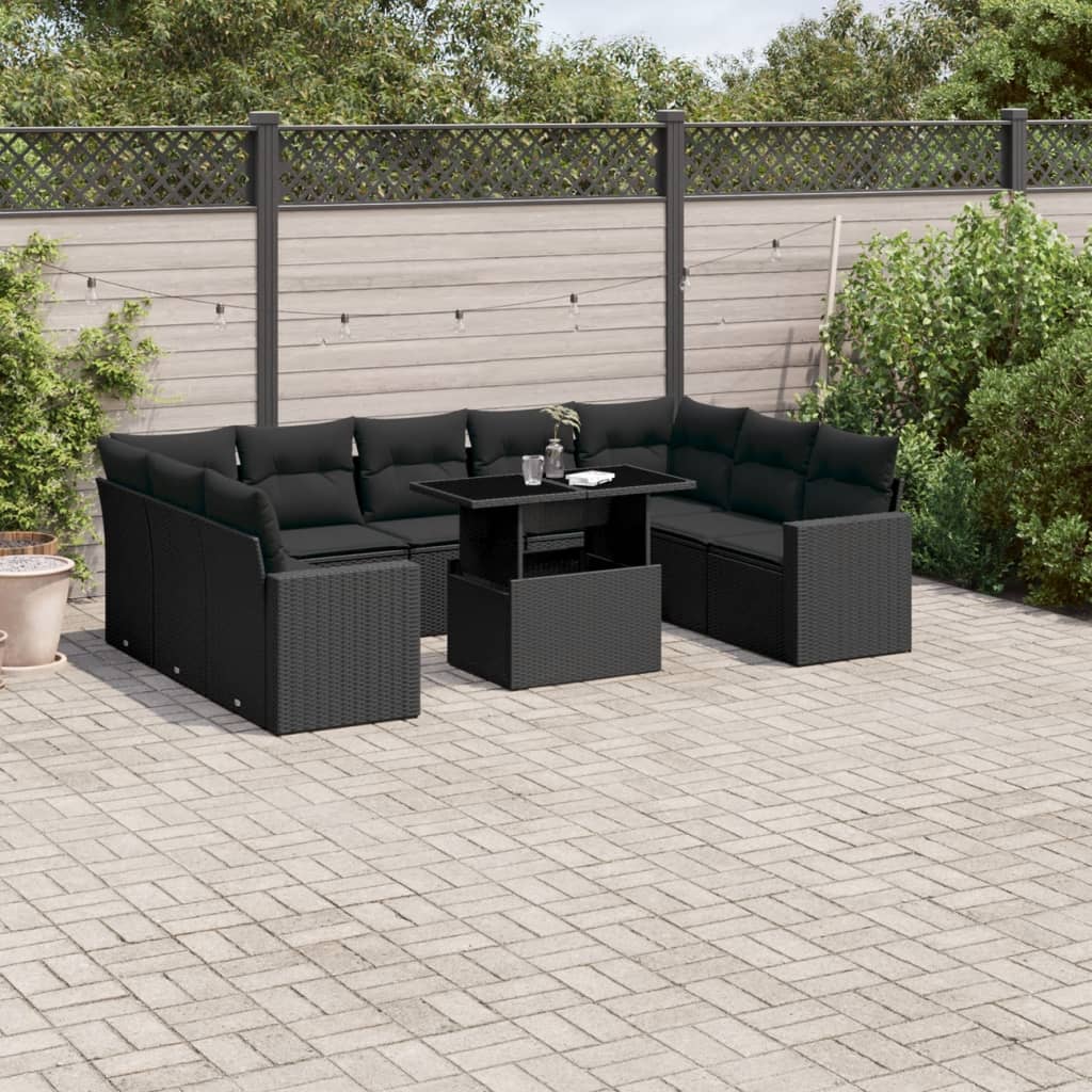 10-tlg. Garten-Sofagarnitur mit Kissen Schwarz Poly Rattan