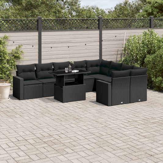 10-tlg. Garten-Sofagarnitur mit Kissen Schwarz Poly Rattan