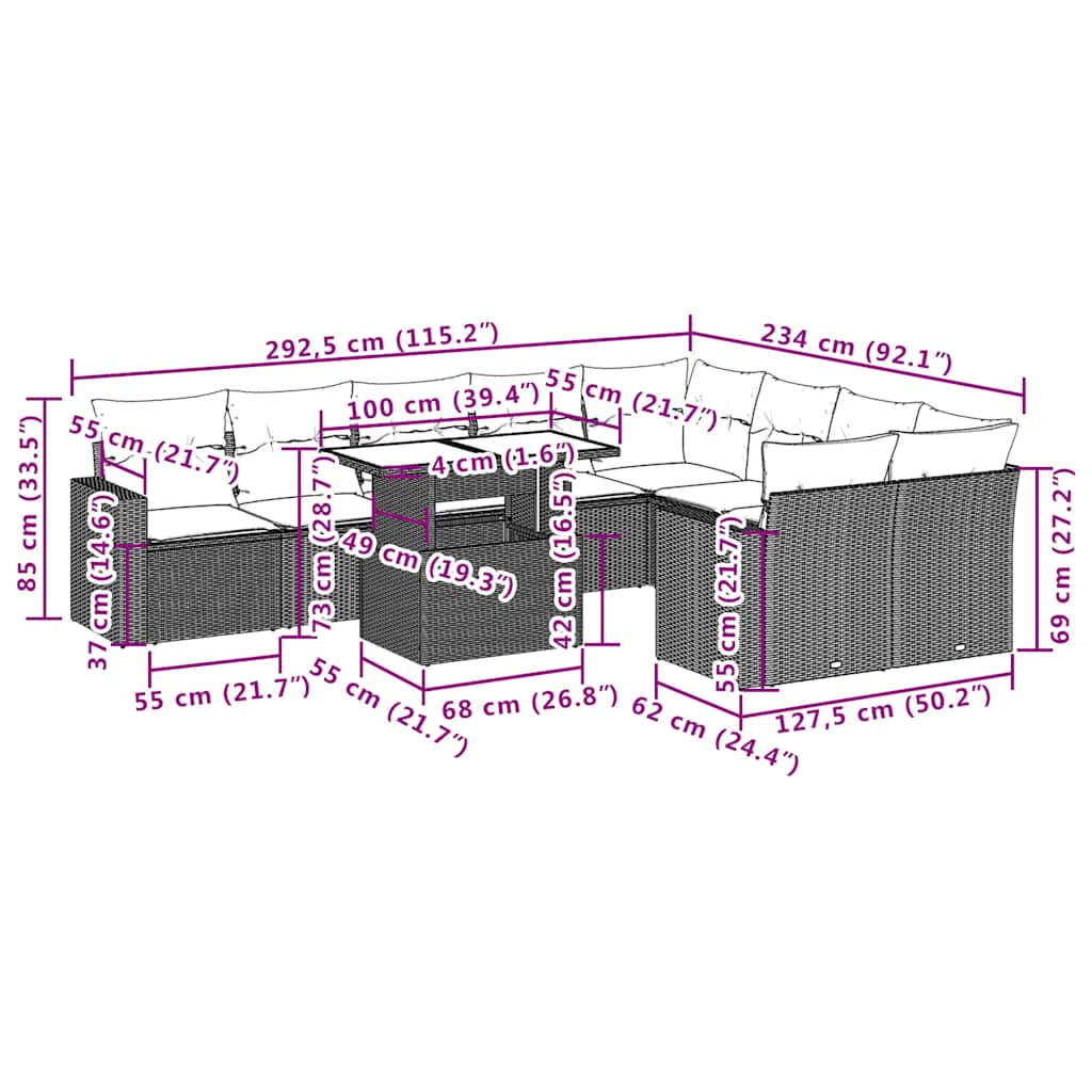 10-tlg. Garten-Sofagarnitur mit Kissen Schwarz Poly Rattan