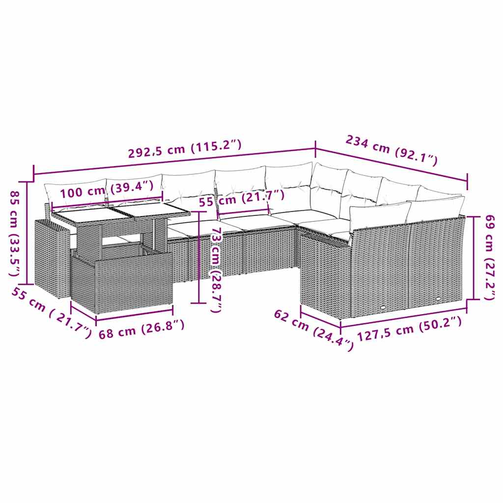 10-tlg. Garten-Sofagarnitur mit Kissen Schwarz Poly Rattan