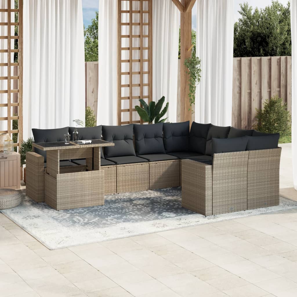 10-tlg. Garten-Sofagarnitur mit Kissen Hellgrau Poly Rattan