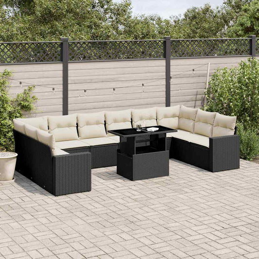 11-tlg. Garten-Sofagarnitur mit Kissen Schwarz Poly Rattan