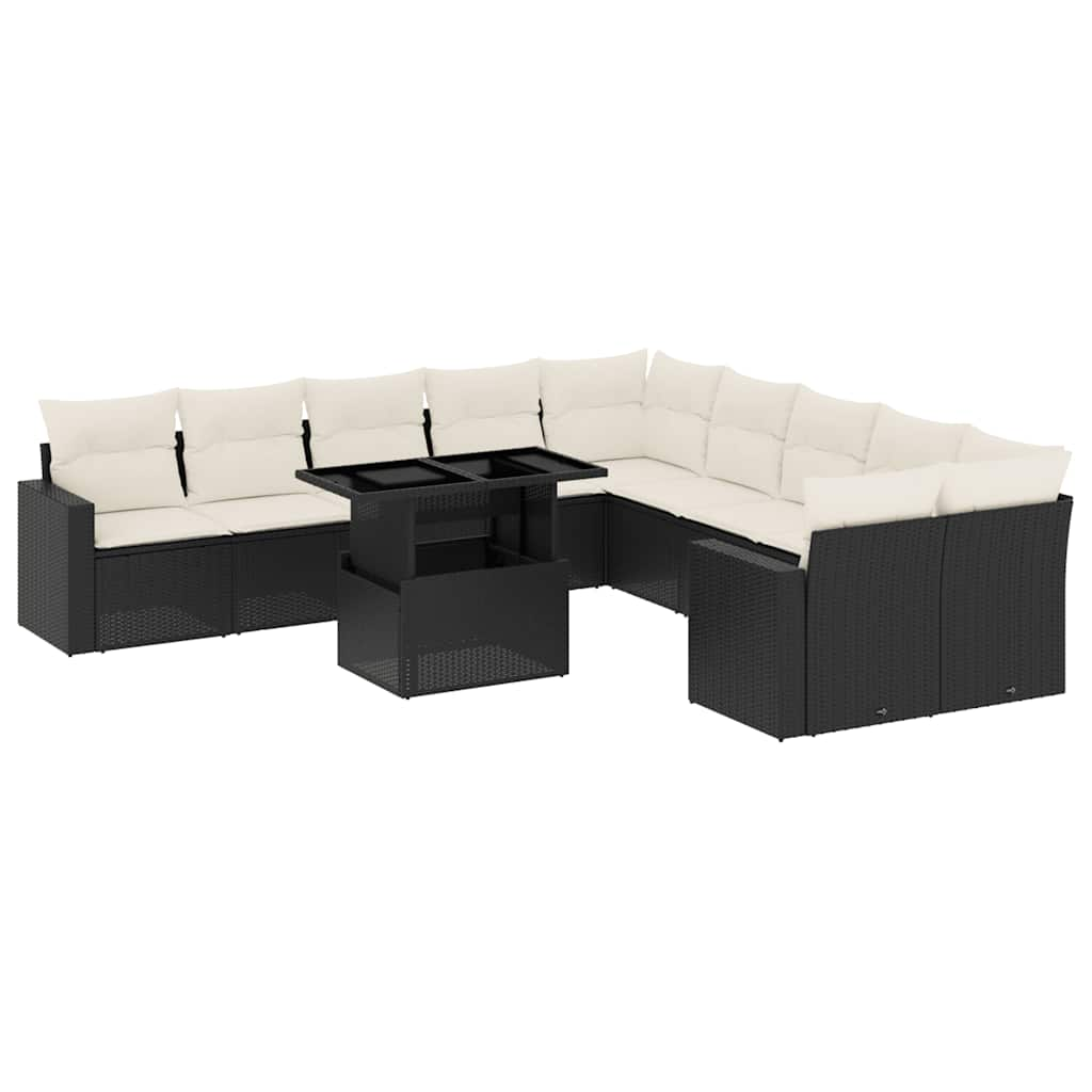 11-tlg. Garten-Sofagarnitur mit Kissen Schwarz Poly Rattan