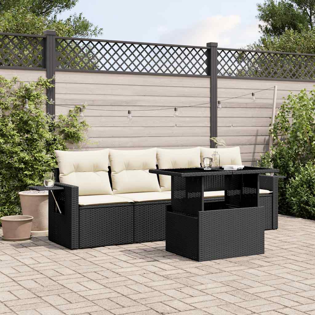 5-tlg. Garten-Sofagarnitur mit Kissen Schwarz Poly Rattan