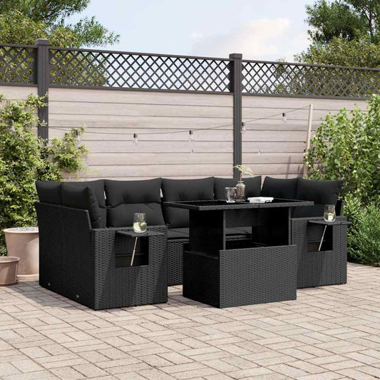 7-tlg. Garten-Sofagarnitur mit Kissen Schwarz Poly Rattan