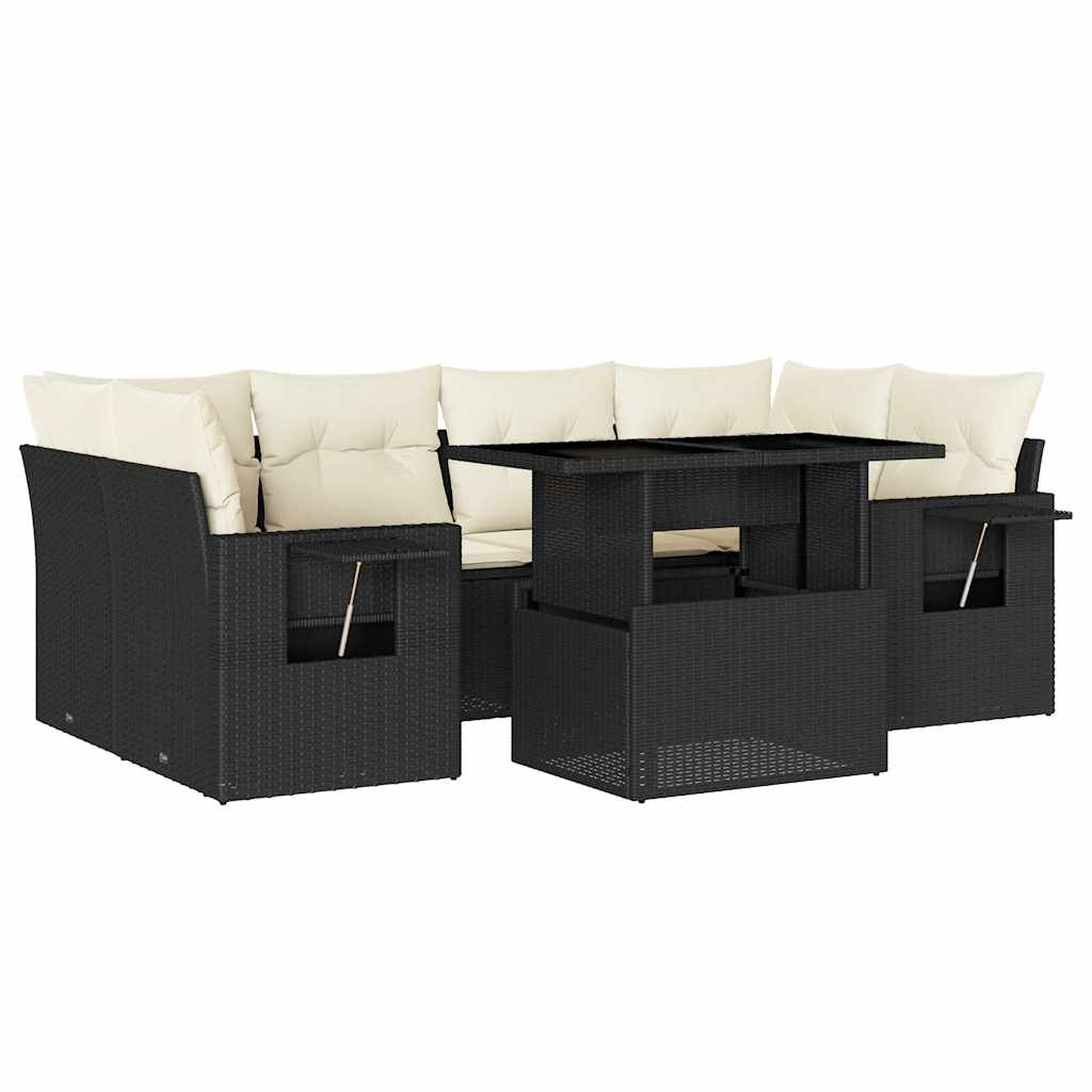 7-tlg. Garten-Sofagarnitur mit Kissen Schwarz Poly Rattan