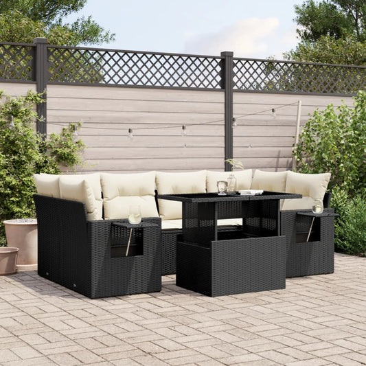 7-tlg. Garten-Sofagarnitur mit Kissen Schwarz Poly Rattan