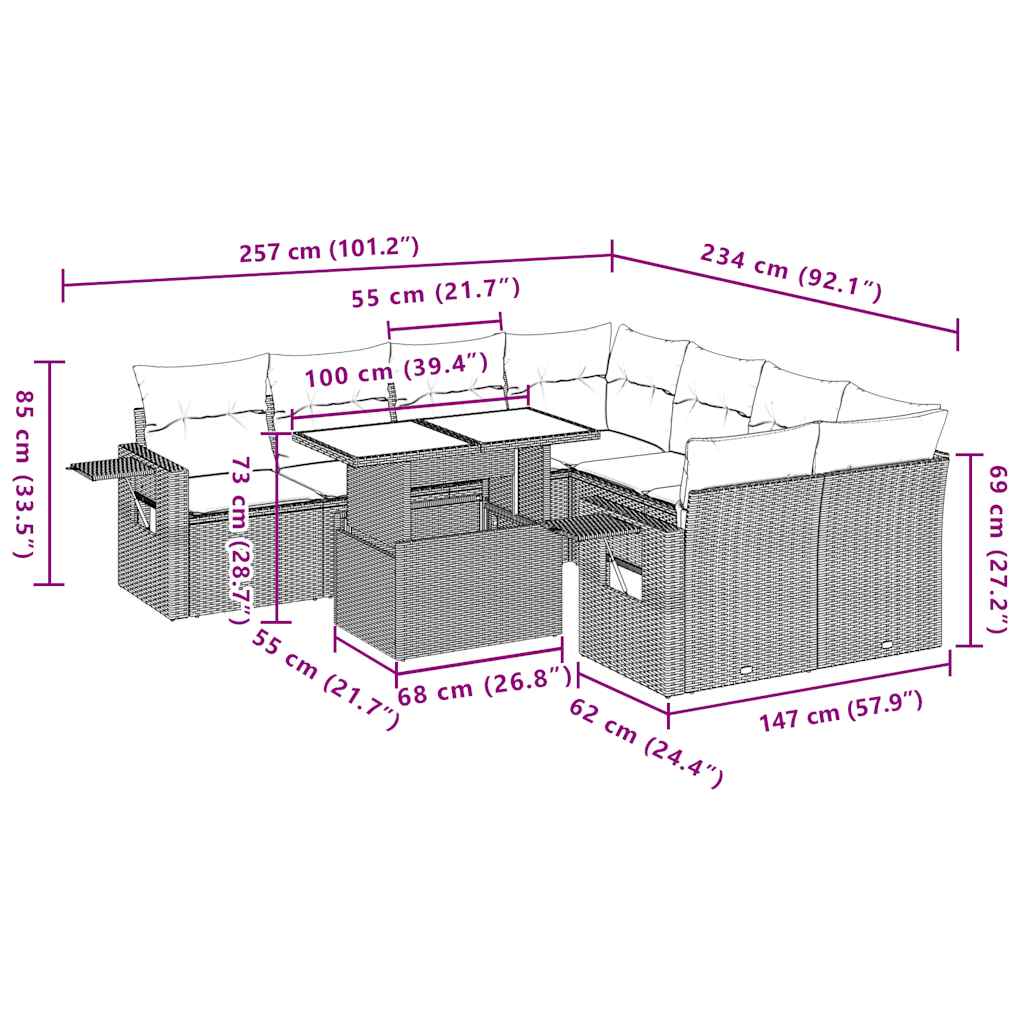 9-tlg. Garten-Sofagarnitur mit Kissen Schwarz Poly Rattan