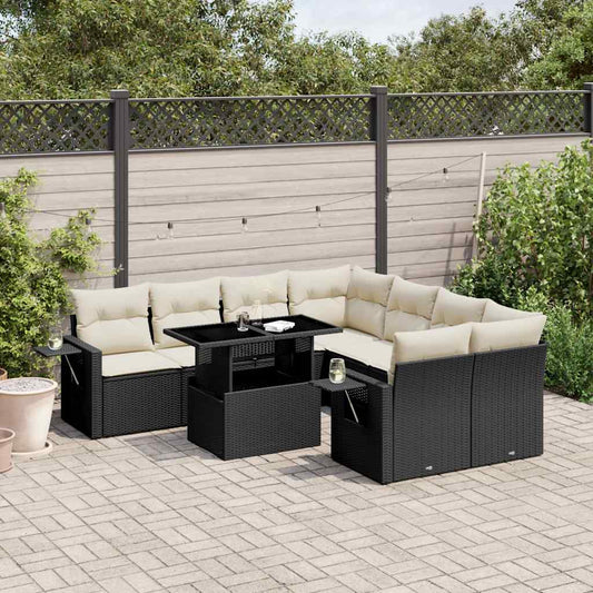 9-tlg. Garten-Sofagarnitur mit Kissen Schwarz Poly Rattan