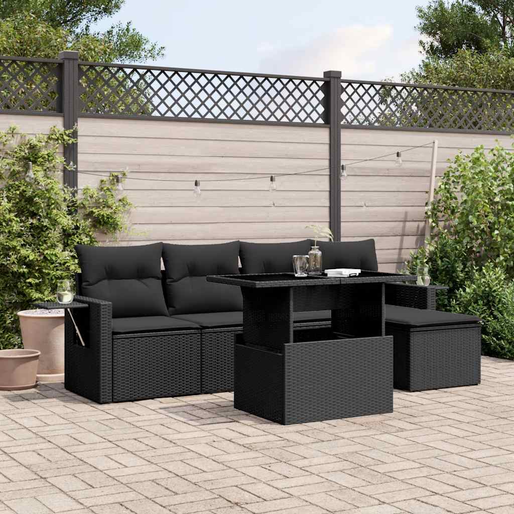 6-tlg. Garten-Sofagarnitur mit Kissen Schwarz Poly Rattan