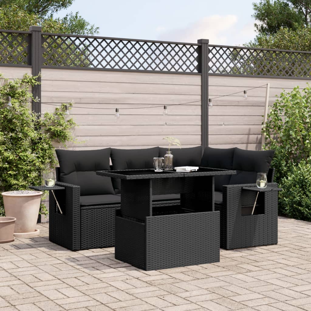 5-tlg. Garten-Sofagarnitur mit Kissen Schwarz Poly Rattan