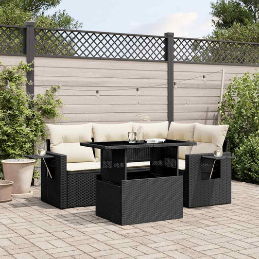 5-tlg. Garten-Sofagarnitur mit Kissen Schwarz Poly Rattan