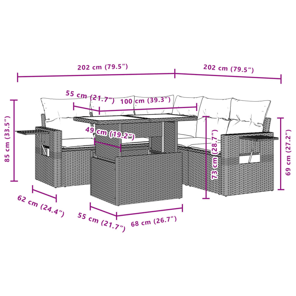 6-tlg. Garten-Sofagarnitur mit Kissen Schwarz Poly Rattan