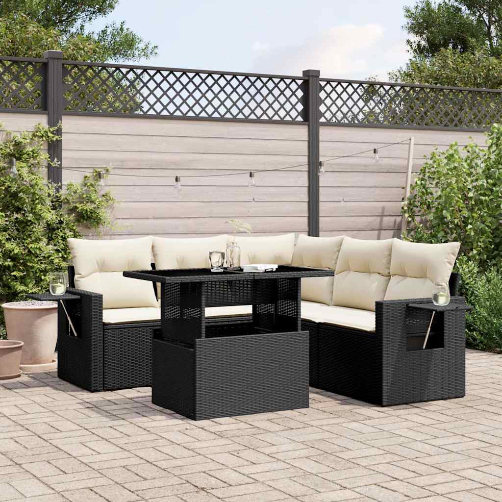 6-tlg. Garten-Sofagarnitur mit Kissen Schwarz Poly Rattan