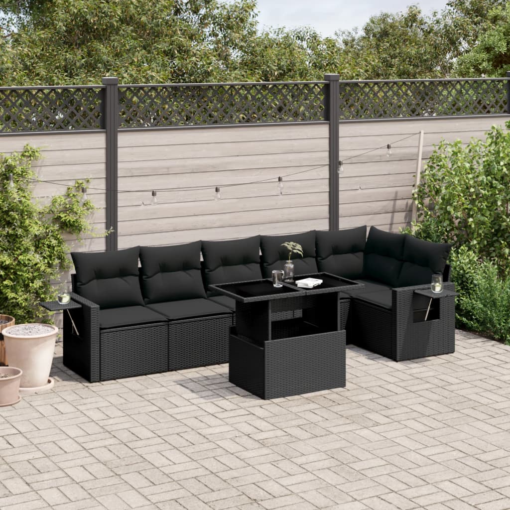 7-tlg. Garten-Sofagarnitur mit Kissen Schwarz Poly Rattan