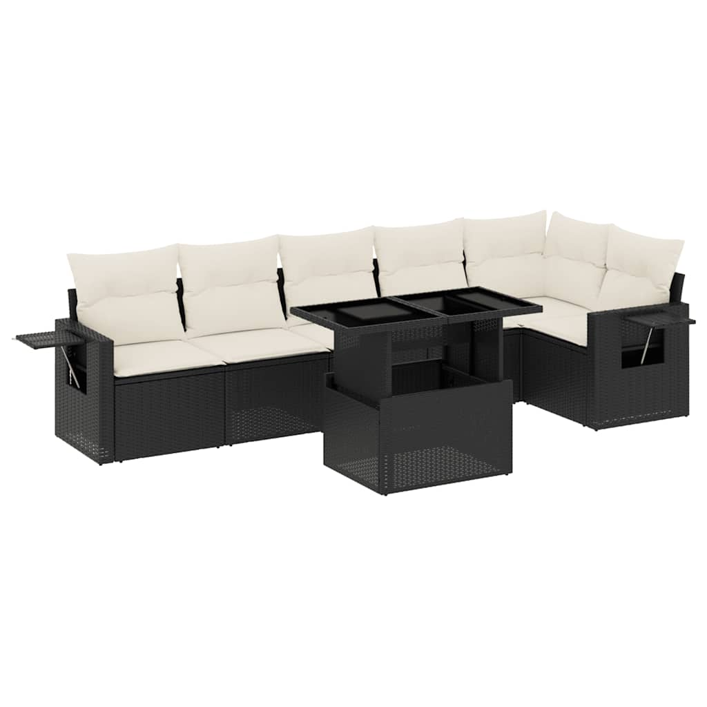 7-tlg. Garten-Sofagarnitur mit Kissen Schwarz Poly Rattan