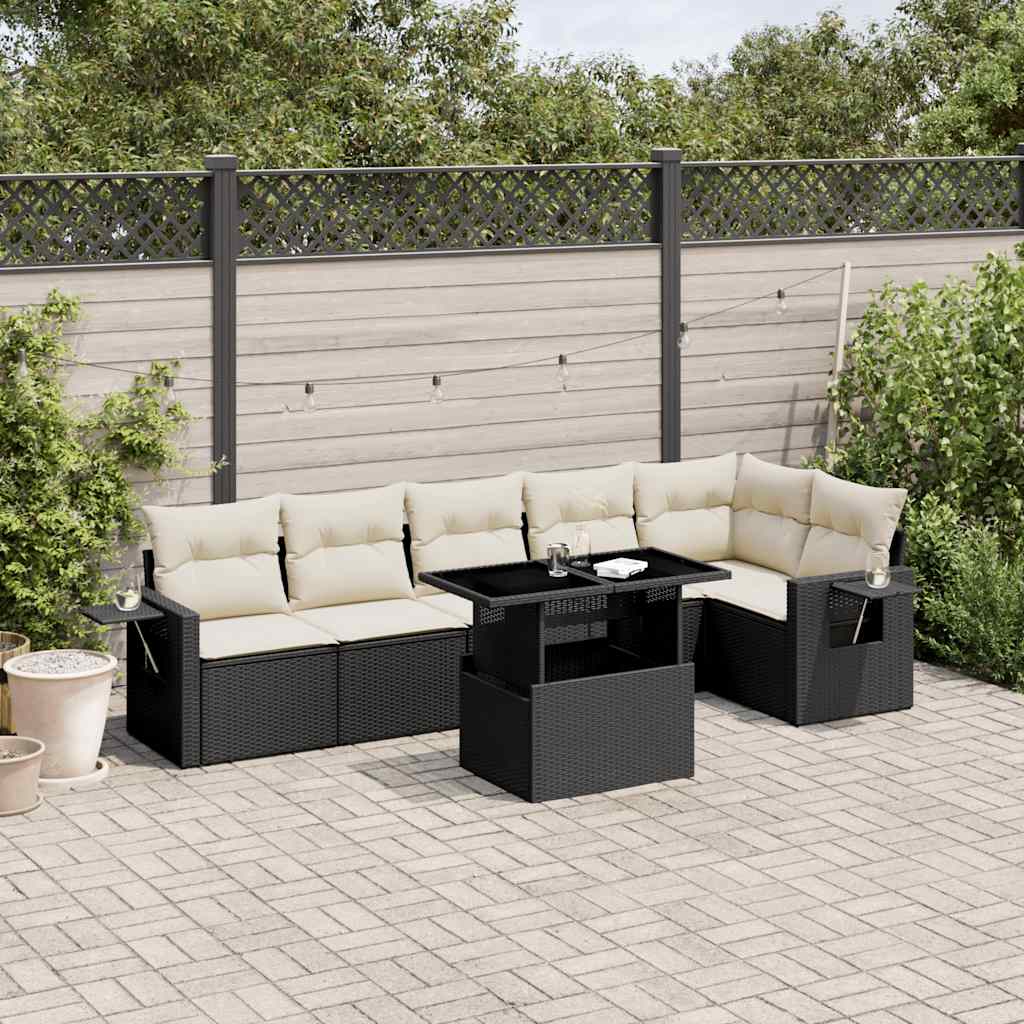 7-tlg. Garten-Sofagarnitur mit Kissen Schwarz Poly Rattan