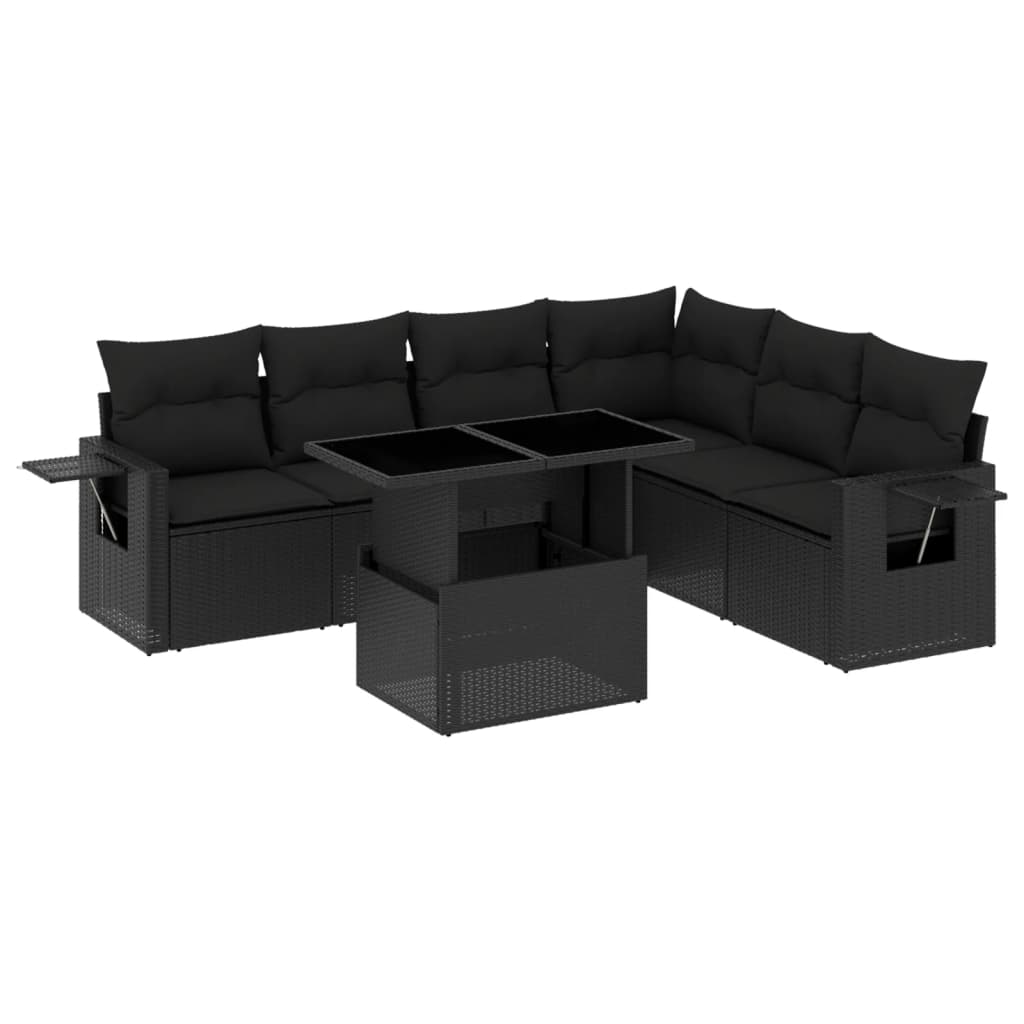 7-tlg. Garten-Sofagarnitur mit Kissen Schwarz Poly Rattan