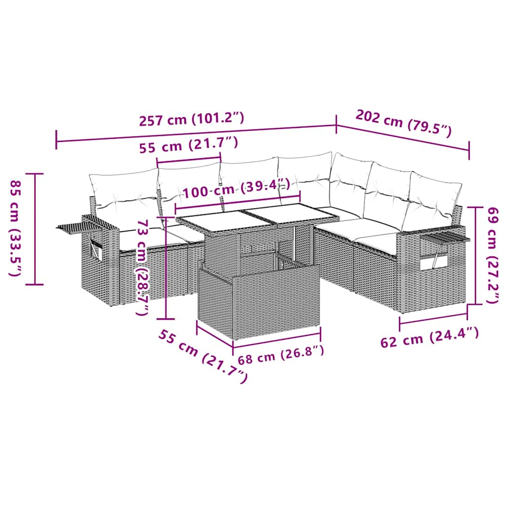 7-tlg. Garten-Sofagarnitur mit Kissen Schwarz Poly Rattan