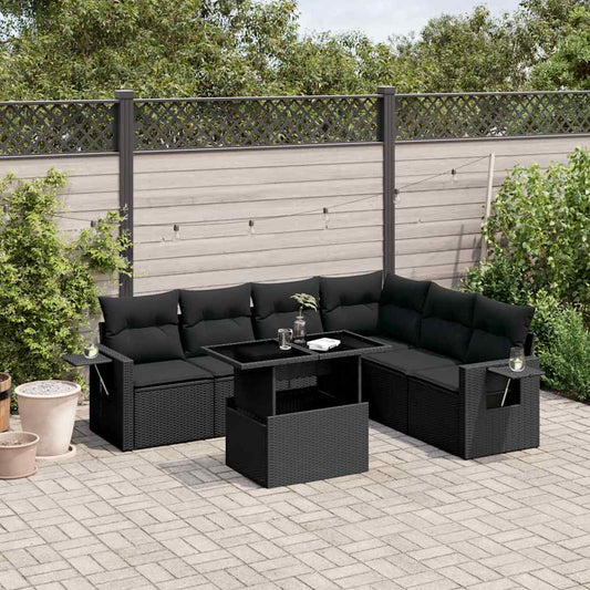 7-tlg. Garten-Sofagarnitur mit Kissen Schwarz Poly Rattan