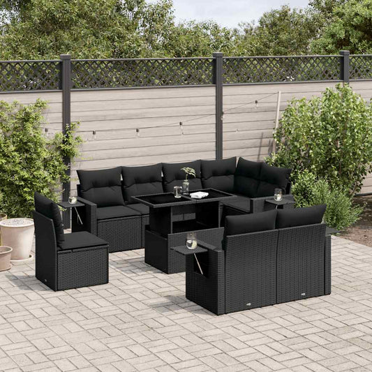 9-tlg. Garten-Sofagarnitur mit Kissen Schwarz Poly Rattan