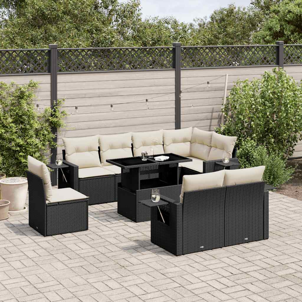 9-tlg. Garten-Sofagarnitur mit Kissen Schwarz Poly Rattan