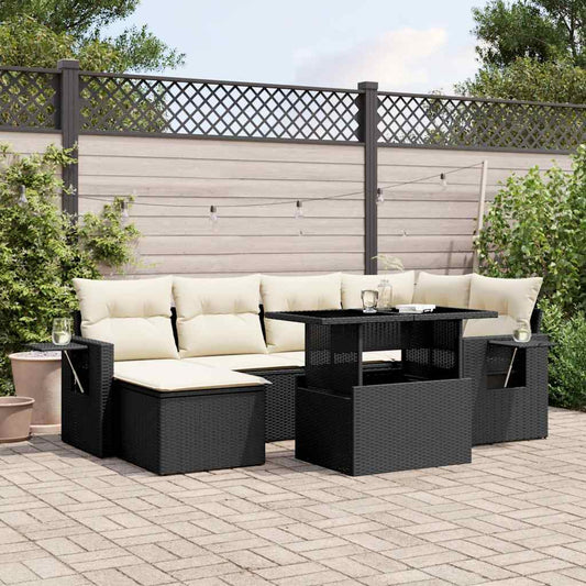 7-tlg. Garten-Sofagarnitur mit Kissen Schwarz Poly Rattan