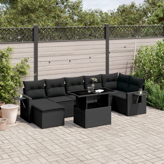 8-tlg. Garten-Sofagarnitur mit Kissen Schwarz Poly Rattan