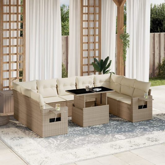 10-tlg. Garten-Sofagarnitur mit Kissen Beige Poly Rattan