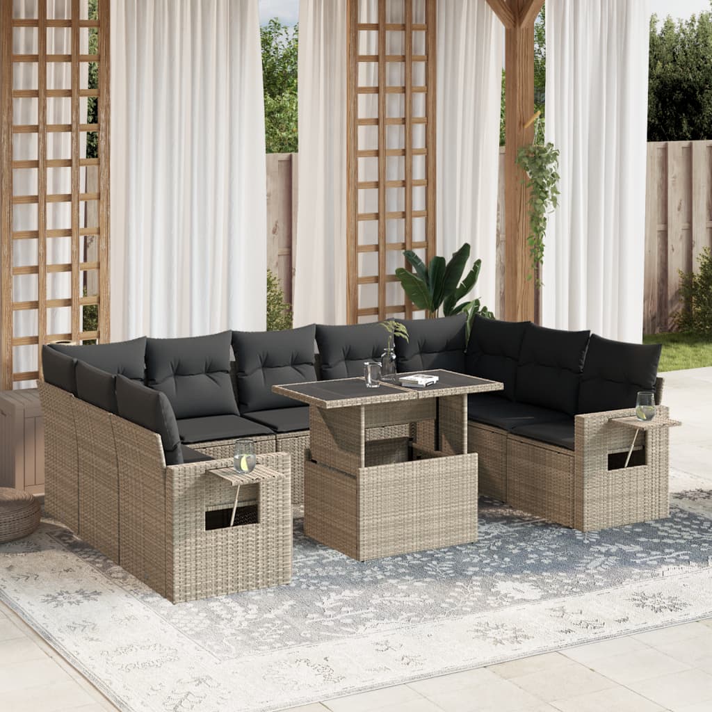 10-tlg. Garten-Sofagarnitur mit Kissen Hellgrau Poly Rattan